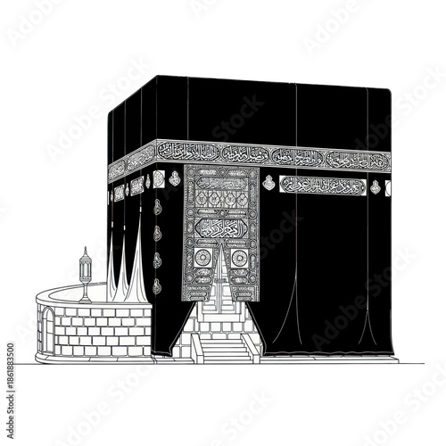 Kaaba Illustration - Islamic Holy Site, Mecca, Saudi Arabia, Black and White Drawing