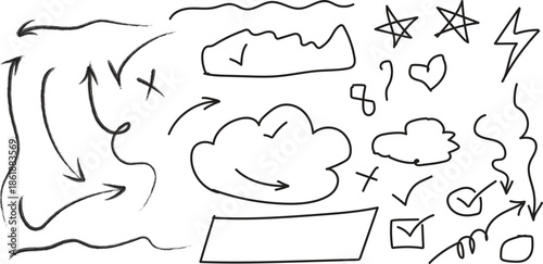 A collection of various hand drawn doodles and symbols isolated on transparent background