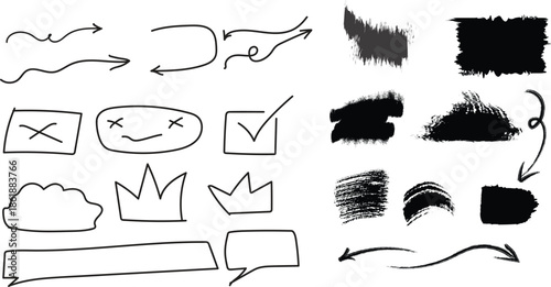 Collection of black and white icons and graphics isolated on transparent background