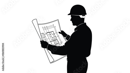 Silhouette of a construction engineer wearing a hard hat carefully examining a detailed architectural floor plan drawing while standing against a plain white background