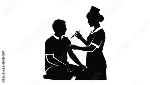 Silhouette of a dedicated nurse skillfully administering an intramuscular injection to a seated male patient's upper arm during a vaccination or medical procedure