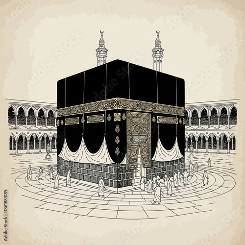 Kaaba, Mecca, Saudi Arabia - Islamic Holy Site, Pilgrimage, Architecture - Sketch