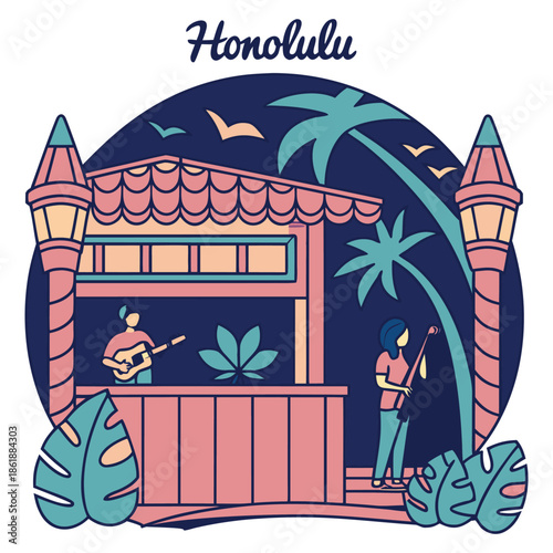 Tropical Honolulu Beach Bar Scene with Musicians and Palm Trees