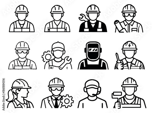 Outline and solid professional worker icon set featuring various occupations and tools for industrial and service concepts