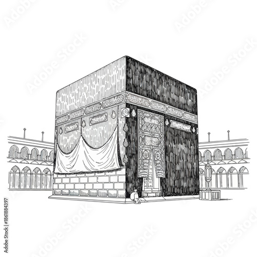 Kaaba, Mecca, Saudi Arabia, Islamic holy site, drawing, pilgrimage, black and white