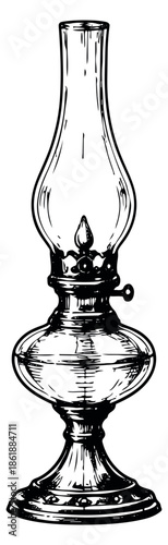 Hand drawn line art illustration of a kerosene lamp depicting old fashioned illumination for vintage design projects