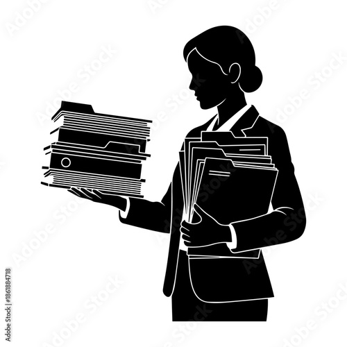 Businesswoman Holding Stack of Documents and Books, Black Silhouette Illustration