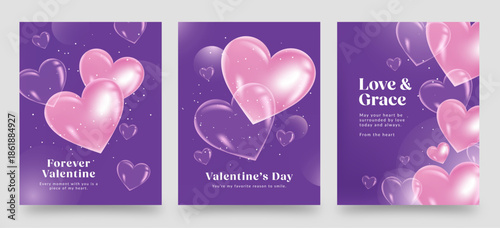 Valentines Day Flyer Poster Template in Cute Purple Pink Hues with 3D Glass Love Heart Concept
