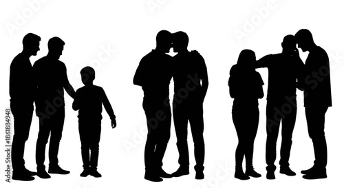 Supportive Family and Friendship Silhouettes Featuring Parental Guidance, Comforting Hugs, and Emotional Connection