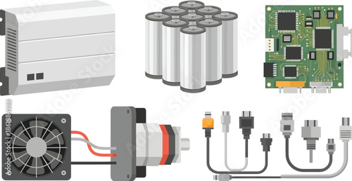 Set of electronic components including a power supply, batteries, a circuit board, a cooling fan, a motor, and various cables and connectors