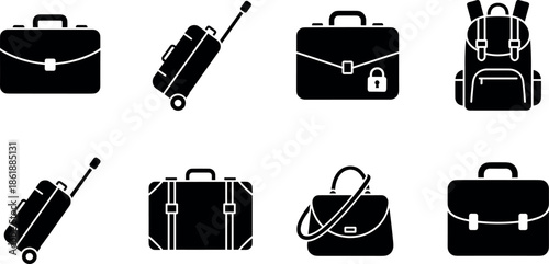 Travel bag and luggage silhouette icon set showing suitcase, backpack, briefcase symbols isolated flavector