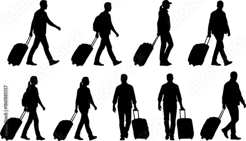 Traveler silhouette set showing people walking with rolling luggage, airport travel passengers, tourism journey concept illustration isolated on white background