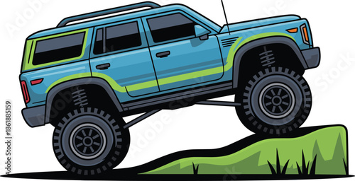 Blue Off-Road SUV Car Vector Illustration Climbing a Green Hill Concept