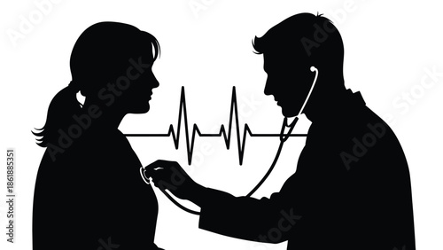 Silhouette profile of a male doctor carefully listening to a female patient's heartbeat with a stethoscope against a background featuring a distinct electrocardiogram line graphic