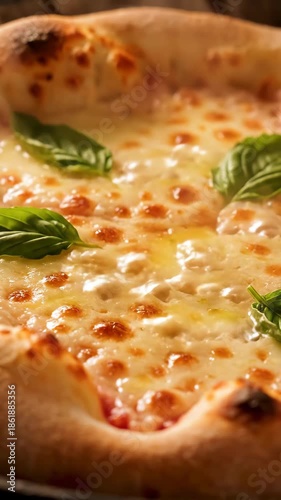 Fresh melted cheese pizza margherita with golden crust, blistered tomato, creamy melted cheese, basil leaves, warm appetizing texture and cozy savory