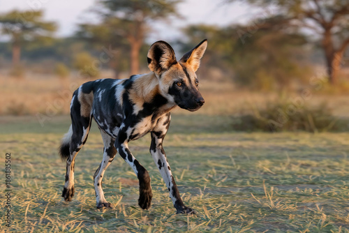 An alert African Wild Dog (also known as a Painted Dog) walking across a grassy savanna plain during the golden hour. 