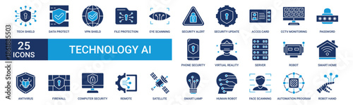 Technology AI icon set. Containing tech shield, data protect, vpn shield, file protection, eye scanning, security alert and more. Solid vector icons collection.