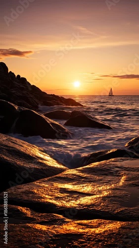 Golden sunset sailboat rocky coastline ocean wave rock golden serene warm light peaceful mood with waves crashing and distant sailboat creating