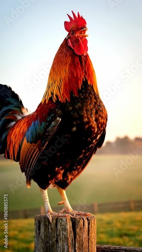 Colorful rooster crowing at sunrise on wooden post, vibrant feathers catching warm morning light chicken poultry farm morning crowing feather scene