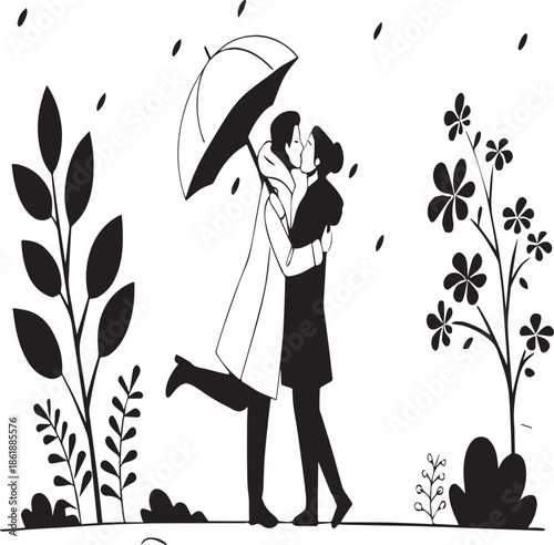  Happy valentime day Couple kissing under an umbrella during a rain shower with decorative plants love romance