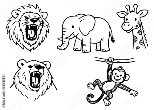 Hand drawn line art cartoon animal set featuring a lion, elephant, giraffe, bear, and monkey for wildlife and children's projects