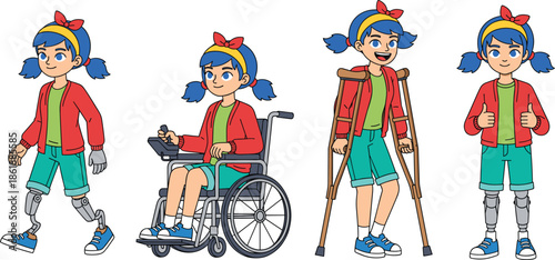 Set of inclusive girl character using prosthetic legs a motorized wheelchair and crutches with blue hair and red jacket for accessibility representation vector