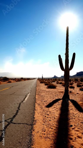 Roadside saguaro cactus casting long shadow beside cracked desert highway under bright sun arid landscape and distant mesas evoke solitude and heat