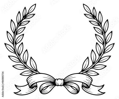 Hand drawn line art illustration of a laurel wreath with a ribbon depicting a classic award for decorative design