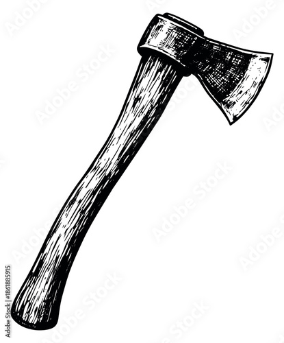Hand drawn line art illustration of an axe depicting a woodcutting tool for outdoor activities