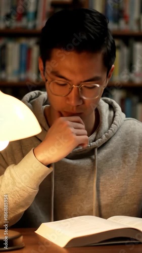 Focused student reading book in quiet library under warm lamp light study space, glasses and hoodie concentrating on textbook notes
