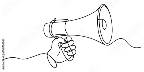 One line of holding a megaphone. Abstract minimal continuous line, Single one line drawing a hand in casual clothes is holding a megaphone. A tool to help many people hear. Important announcement. pro