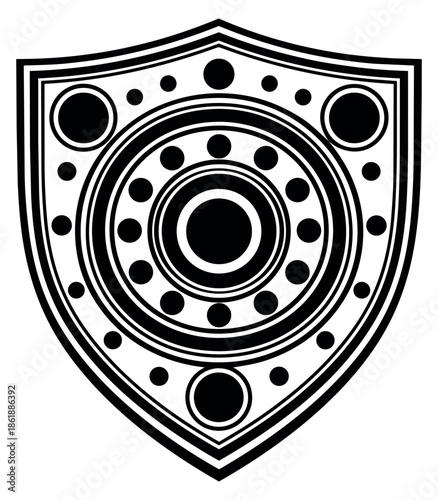 Hand drawn line art illustration of an ornate shield depicting a symbol of protection for security concepts