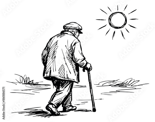 Hand drawn illustration of an old man depicting walking with a cane under the sun for a life journey