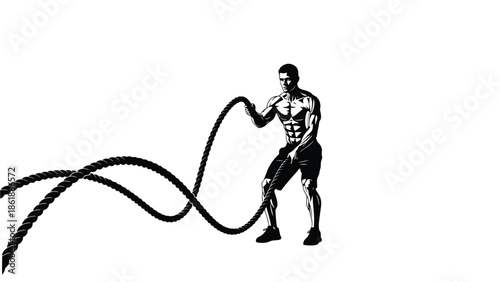 Muscular male athlete intensely performing a heavy battle rope workout exercise demonstrating powerful full body conditioning and functional fitness training in an isolated graphic style