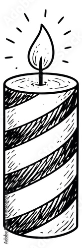 Hand drawn line art illustration of a striped candle depicting a burning flame for celebration