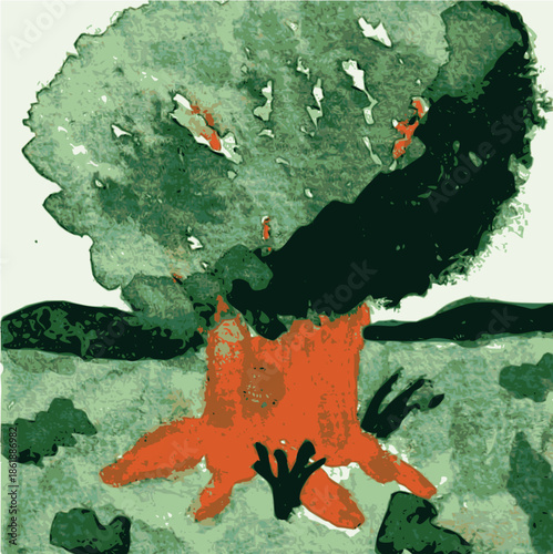 A vector image of a green tree in summer time. The original is a hand-painted water color painting.