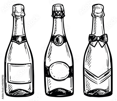 Hand drawn line art champagne bottles set featuring different cap and label designs for celebrations