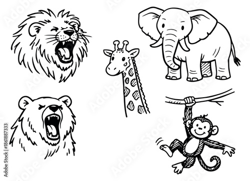 Hand drawn line art wild animals set featuring a lion, elephant, giraffe, monkey, and bear for children's design
