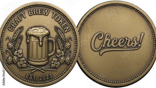 Brass colored coin with beer mug and wheat and Cheers text