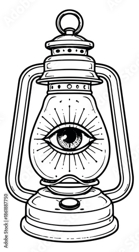 Hand drawn line art illustration of a vintage lantern depicting an all-seeing eye for esoteric and spiritual design