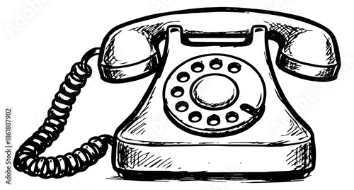 Hand drawn illustration of a rotary telephone depicting retro communication for vintage concepts