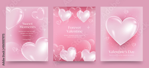 Valentines Day Flyer Poster Template in Cute Candy Pink Hues with 3D Glass Love Heart Concept