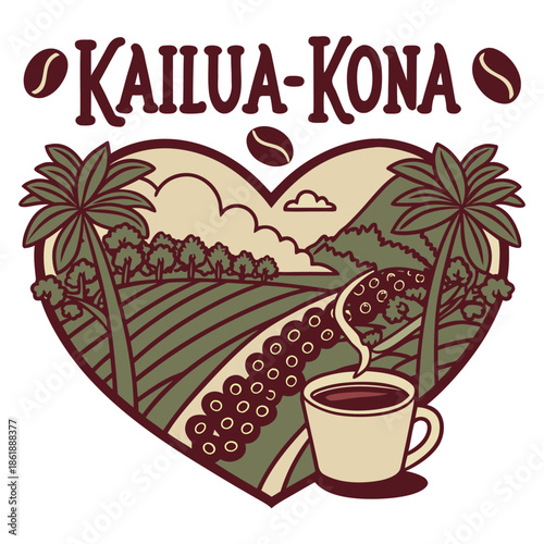 Kailua-Kona Hawaii Coffee Plantation and Mountains Heart Emblem