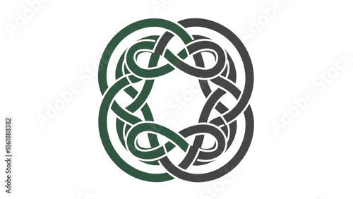 Green and black intertwined knot symbol on white background