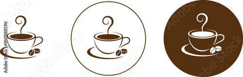 Brown coffee cup icon with steaming hot beverage on white background.Simple coffee cup logo.