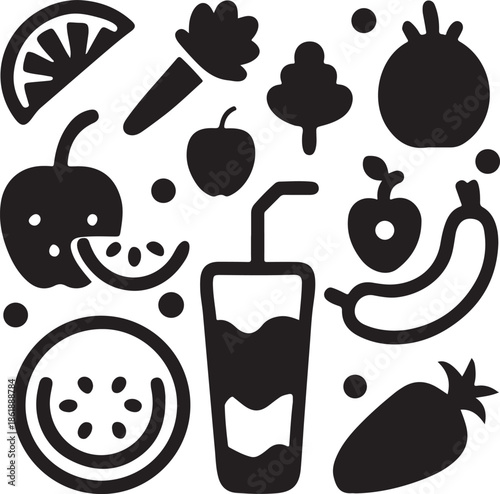 Healthy food and drink icons with fruits vegetables and juice on transparent background