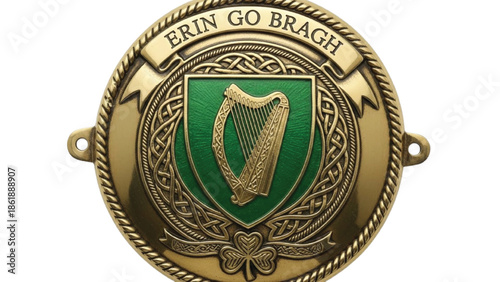 Irish Harp Emblem with Erin Go Bragh Inscription on Gold Background
