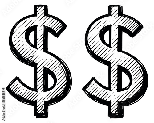 Hand drawn line art dollar sign set featuring two money symbols for financial design