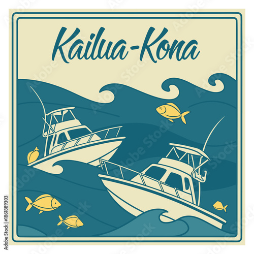 Kailua-Kona Hawaii Sport Fishing Boats and Yellow Fish Vintage Badge