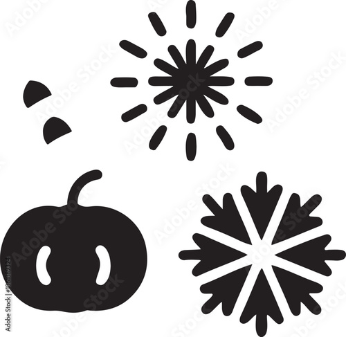 Winter and autumn seasons with pumpkin and snowflake and fireworks icons